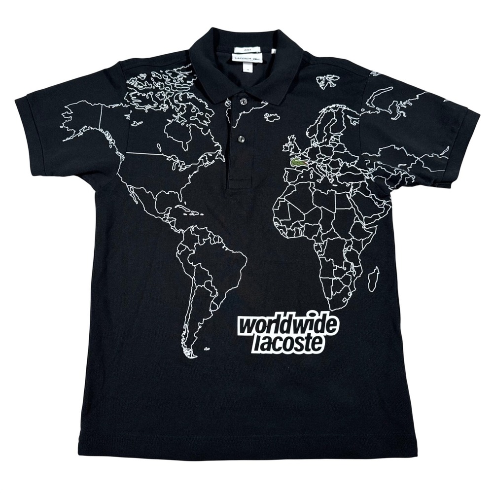 Lacoste World Map Graphic Polo Shirt Unisex XS Black Classic Fit Worldwide Logo